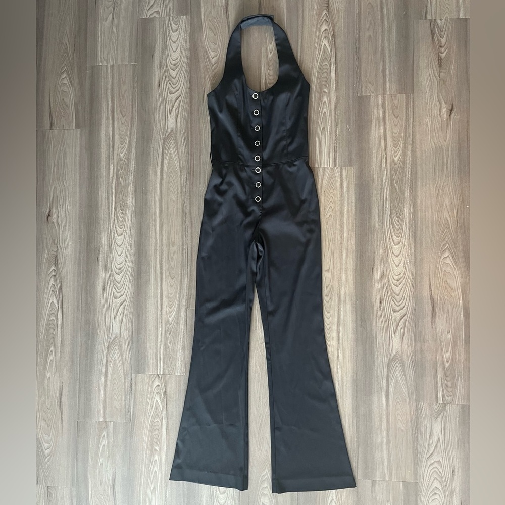 Rocco Barocco Black Halter Jumpsuit Scoop Neck Button 4